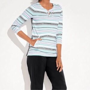T by Talbots Womens Shirt Top White Blue Striped Lace Up Kangaroo Pocket Size LP